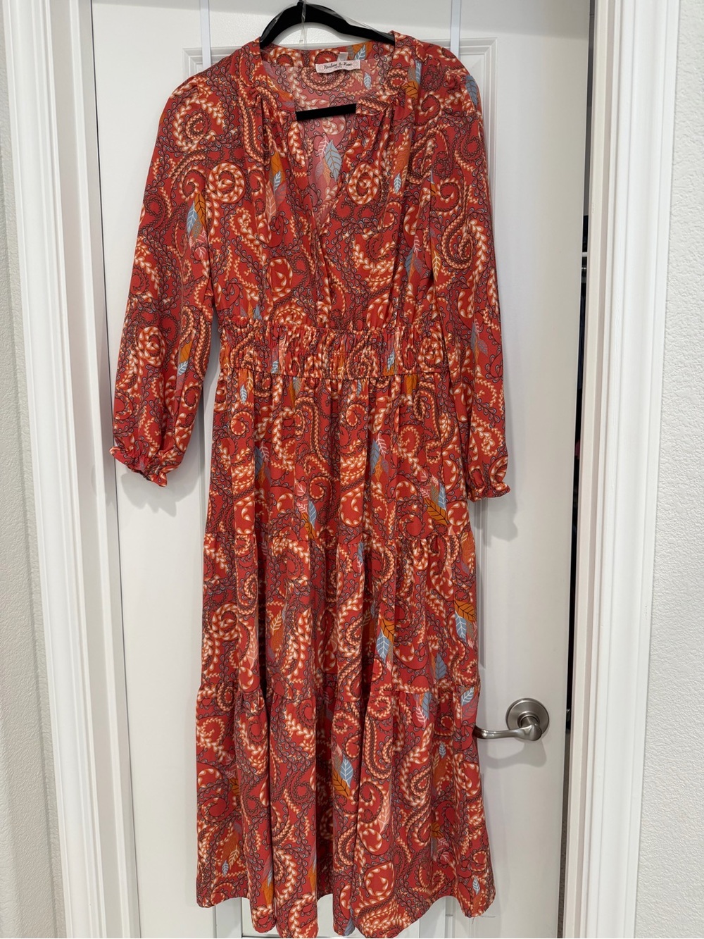 Boho Rust Paisley Midi Dress with Elastic Waist